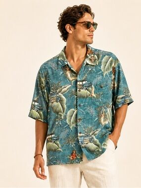 Campia Hawaiian Rayon Aloha Shirt Tropical Woodie Print Blue Surf Core Sz XL